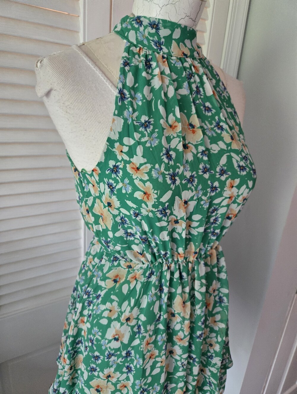 Sienna Sky Green Floral Halter Dress Ruffle Tiered Boho Cottagecore S - Picture 3 of 8
